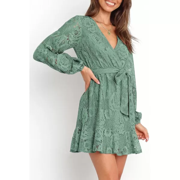 Caracilia Women's Floral Lace Wrap V Neck Long Sleeve Tie Waist Ruffle Hem Short Dress with Belt