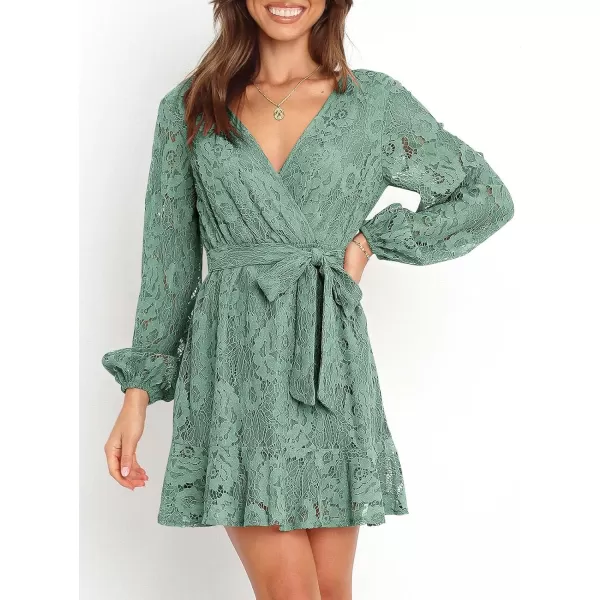 Caracilia Women's Floral Lace Wrap V Neck Long Sleeve Tie Waist Ruffle Hem Short Dress with Belt