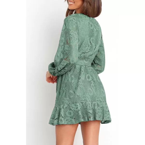 Caracilia Women's Floral Lace Wrap V Neck Long Sleeve Tie Waist Ruffle Hem Short Dress with Belt