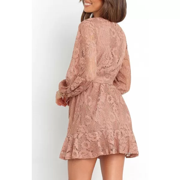 Caracilia Women's Floral Lace Wrap V Neck Long Sleeve Tie Waist Ruffle Hem Short Dress with Belt