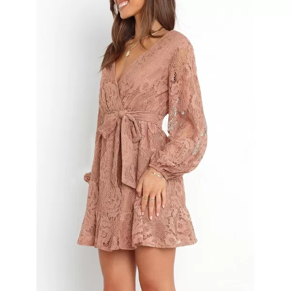 Caracilia Women's Floral Lace Wrap V Neck Long Sleeve Tie Waist Ruffle Hem Short Dress with Belt
