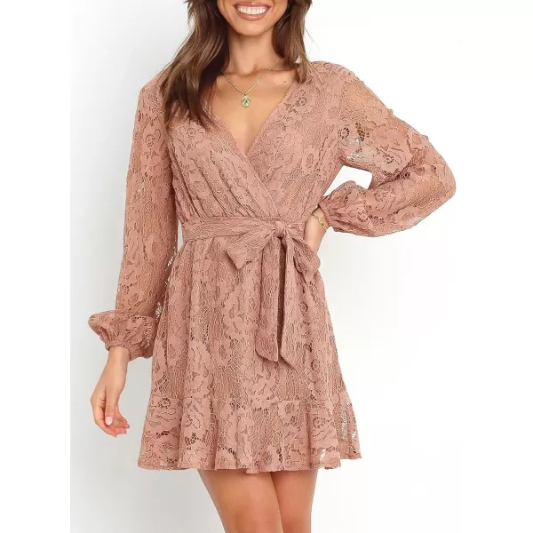 Caracilia Women's Floral Lace Wrap V Neck Long Sleeve Tie Waist Ruffle Hem Short Dress with Belt