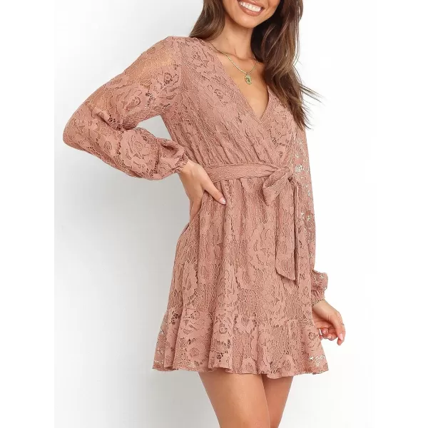 Caracilia Women's Floral Lace Wrap V Neck Long Sleeve Tie Waist Ruffle Hem Short Dress with Belt