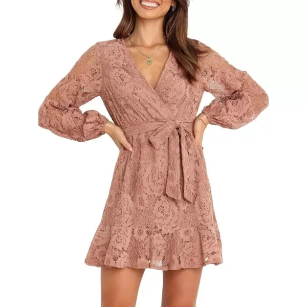 Caracilia Women's Floral Lace Wrap V Neck Long Sleeve Tie Waist Ruffle Hem Short Dress with Belt