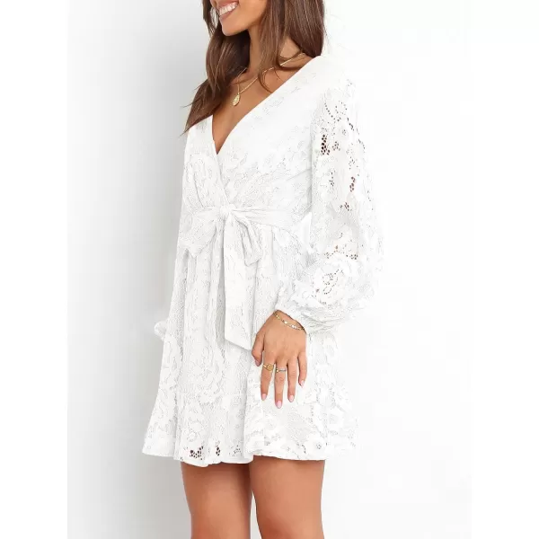 Caracilia Women's Floral Lace Wrap V Neck Long Sleeve Tie Waist Ruffle Hem Short Dress with Belt
