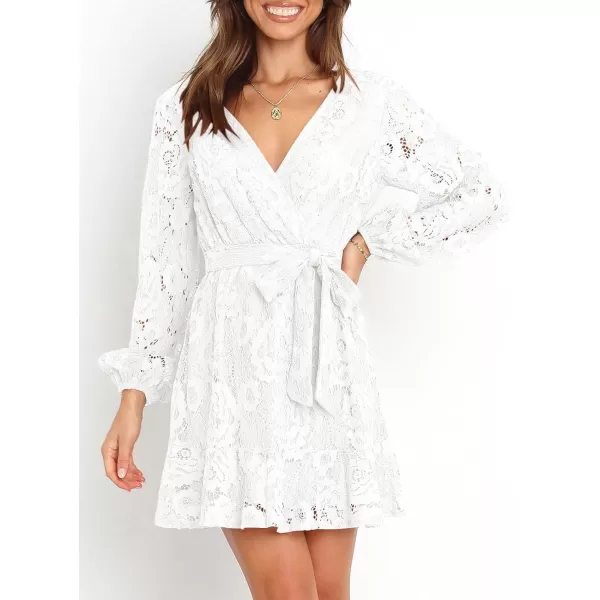 Caracilia Women's Floral Lace Wrap V Neck Long Sleeve Tie Waist Ruffle Hem Short Dress with Belt