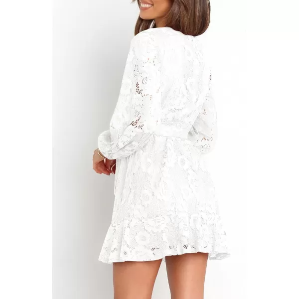 Caracilia Women's Floral Lace Wrap V Neck Long Sleeve Tie Waist Ruffle Hem Short Dress with Belt