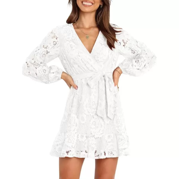 Caracilia Women's Floral Lace Wrap V Neck Long Sleeve Tie Waist Ruffle Hem Short Dress with Belt