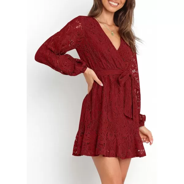 Caracilia Women's Floral Lace Wrap V Neck Long Sleeve Tie Waist Ruffle Hem Short Dress with Belt