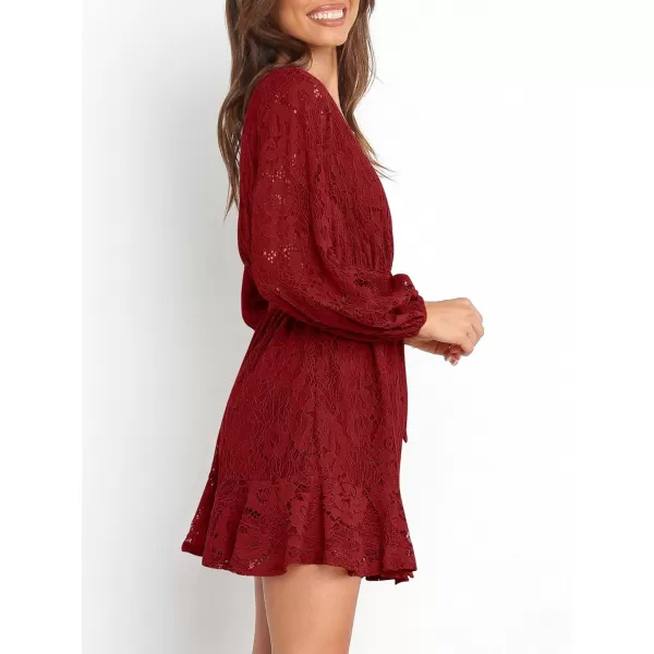 Caracilia Women's Floral Lace Wrap V Neck Long Sleeve Tie Waist Ruffle Hem Short Dress with Belt