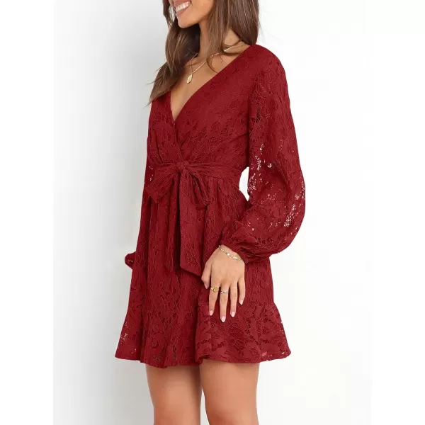 Caracilia Women's Floral Lace Wrap V Neck Long Sleeve Tie Waist Ruffle Hem Short Dress with Belt