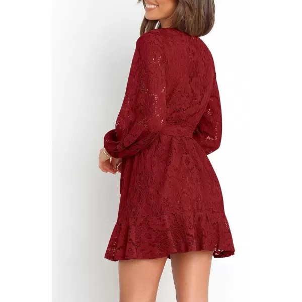 Caracilia Women's Floral Lace Wrap V Neck Long Sleeve Tie Waist Ruffle Hem Short Dress with Belt