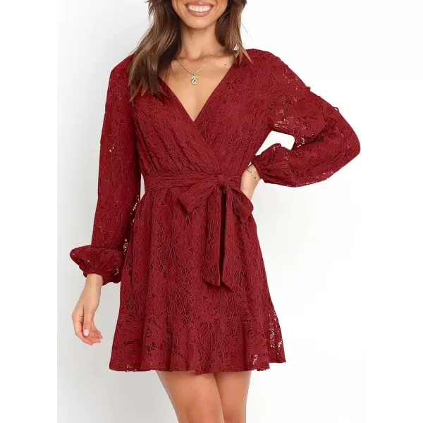 Caracilia Women's Floral Lace Wrap V Neck Long Sleeve Tie Waist Ruffle Hem Short Dress with Belt