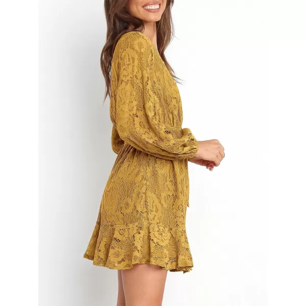 Caracilia Women's Floral Lace Wrap V Neck Long Sleeve Tie Waist Ruffle Hem Short Dress with Belt