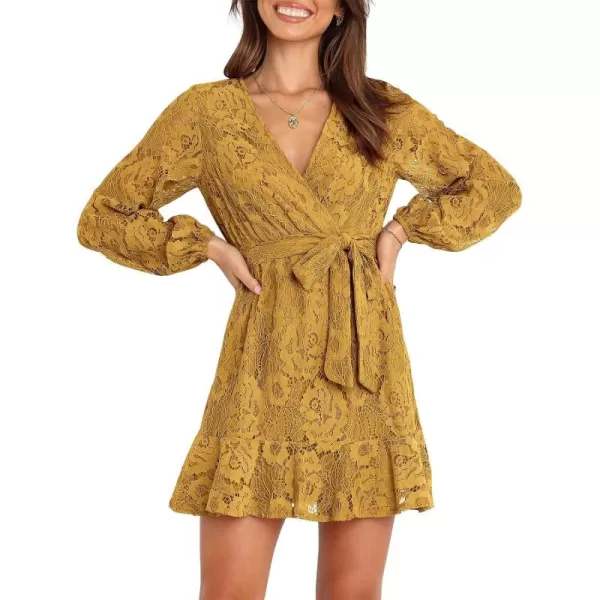 Caracilia Women's Floral Lace Wrap V Neck Long Sleeve Tie Waist Ruffle Hem Short Dress with Belt