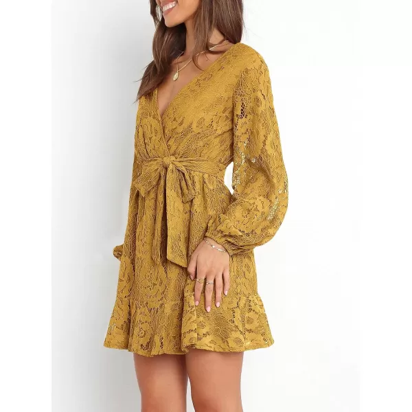Caracilia Women's Floral Lace Wrap V Neck Long Sleeve Tie Waist Ruffle Hem Short Dress with Belt