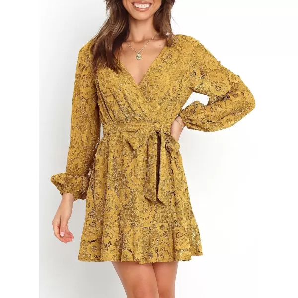 Caracilia Women's Floral Lace Wrap V Neck Long Sleeve Tie Waist Ruffle Hem Short Dress with Belt