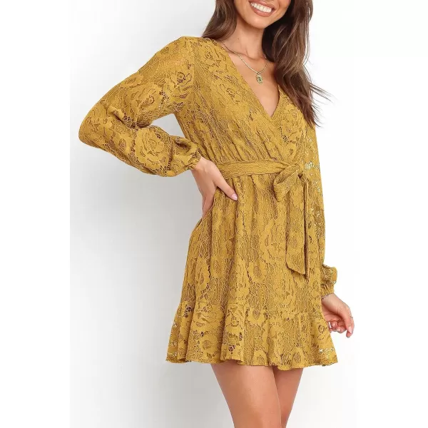 Caracilia Women's Floral Lace Wrap V Neck Long Sleeve Tie Waist Ruffle Hem Short Dress with Belt