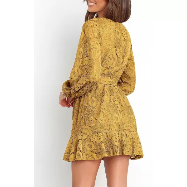Caracilia Women's Floral Lace Wrap V Neck Long Sleeve Tie Waist Ruffle Hem Short Dress with Belt
