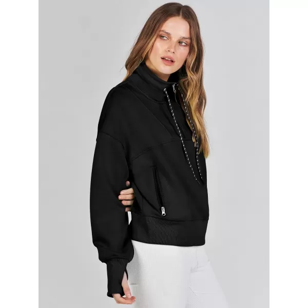 Caracilia Womens Half Zip Loose Sweatshirt Quarter Zip Trendy Long Sleeve Cropped Pullover Tops with Thumb Hole