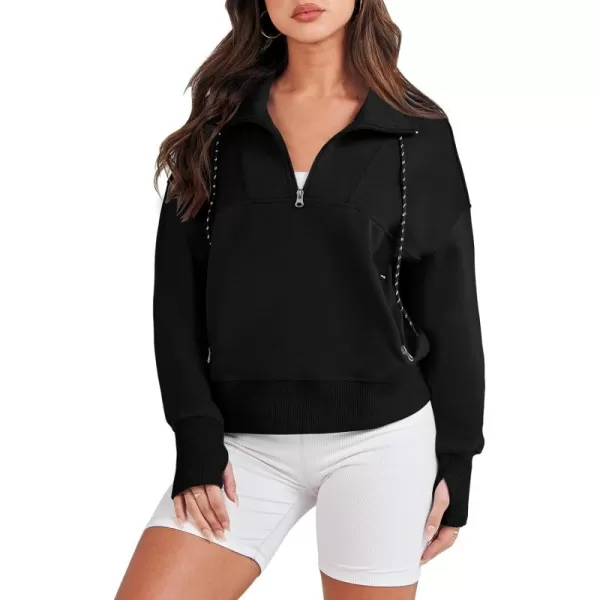 Caracilia Womens Half Zip Loose Sweatshirt Quarter Zip Trendy Long Sleeve Cropped Pullover Tops with Thumb Hole