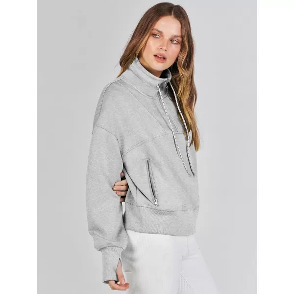 Caracilia Womens Half Zip Loose Sweatshirt Quarter Zip Trendy Long Sleeve Cropped Pullover Tops with Thumb Hole