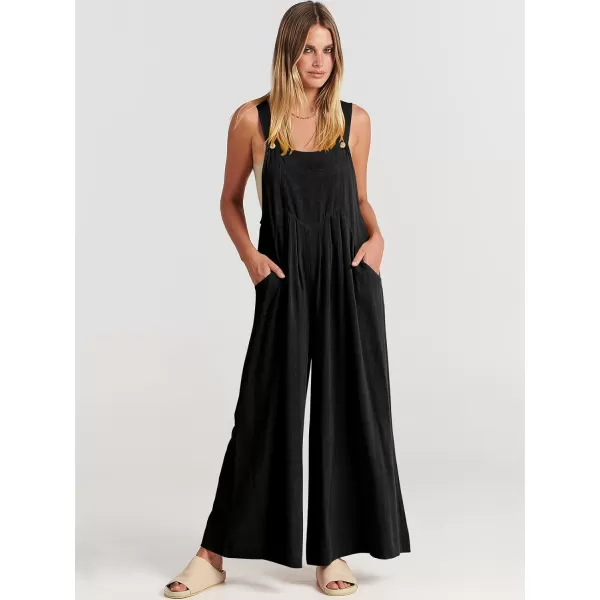 Caracilia Women's Linen Overalls Casual Loose Sleeveless Adjustable Straps Bib Wide Leg Jumpsuit with Pockets