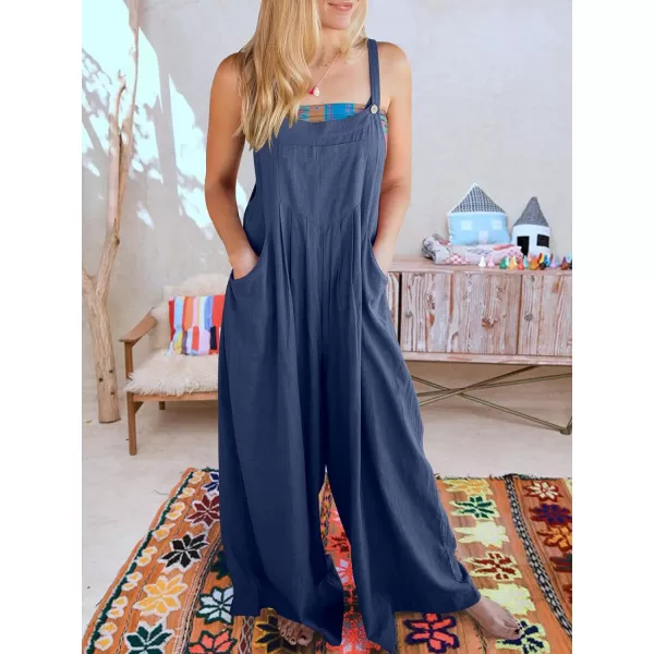 Caracilia Women's Linen Overalls Casual Loose Sleeveless Adjustable Straps Bib Wide Leg Jumpsuit with Pockets