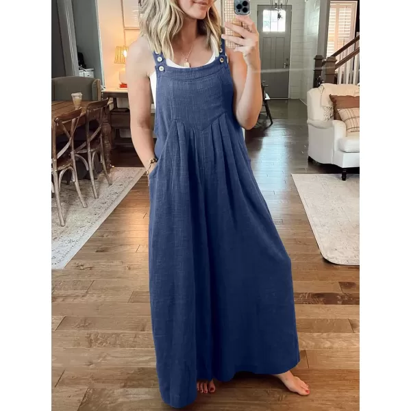 Caracilia Women's Linen Overalls Casual Loose Sleeveless Adjustable Straps Bib Wide Leg Jumpsuit with Pockets