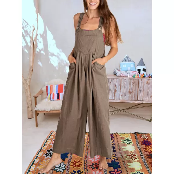 Caracilia Women's Linen Overalls Casual Loose Sleeveless Adjustable Straps Bib Wide Leg Jumpsuit with Pockets