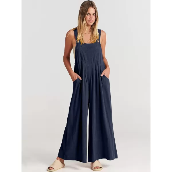 Caracilia Women's Linen Overalls Casual Loose Sleeveless Adjustable Straps Bib Wide Leg Jumpsuit with Pockets