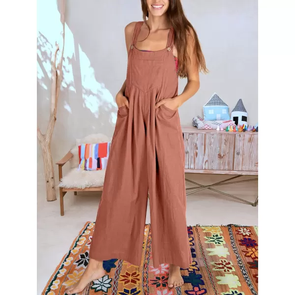 Caracilia Women's Linen Overalls Casual Loose Sleeveless Adjustable Straps Bib Wide Leg Jumpsuit with Pockets
