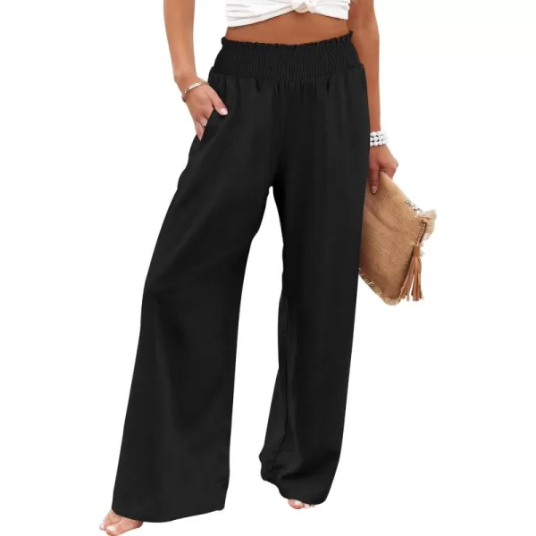 Caracilia Womens Linen Wide Leg Lounge Pants with Pockets Casual Straight Leg High Waisted Flowy Palazzo Pants Loose Trousers