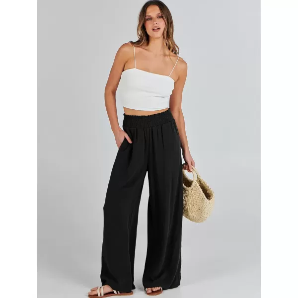 Caracilia Womens Linen Wide Leg Lounge Pants with Pockets Casual Straight Leg High Waisted Flowy Palazzo Pants Loose Trousers