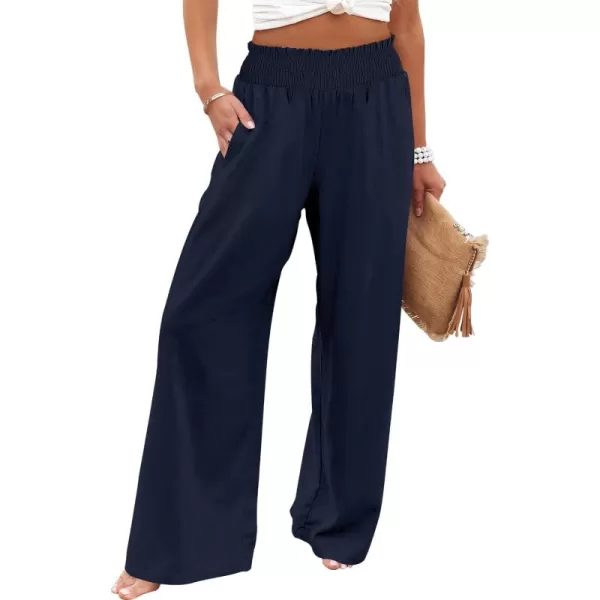 Caracilia Womens Linen Wide Leg Lounge Pants with Pockets Casual Straight Leg High Waisted Flowy Palazzo Pants Loose Trousers