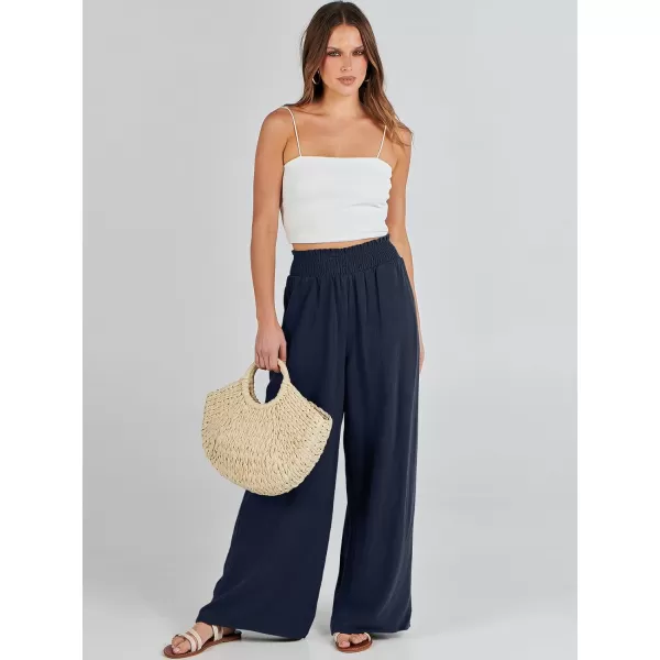 Caracilia Womens Linen Wide Leg Lounge Pants with Pockets Casual Straight Leg High Waisted Flowy Palazzo Pants Loose Trousers