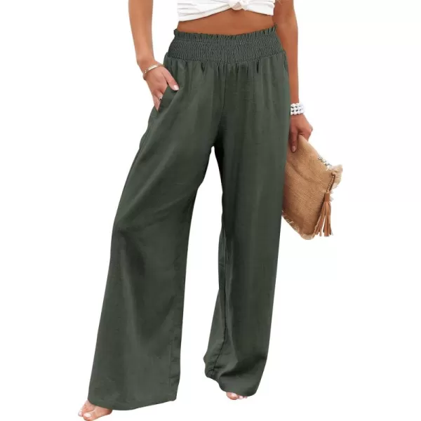Caracilia Womens Linen Wide Leg Lounge Pants with Pockets Casual Straight Leg High Waisted Flowy Palazzo Pants Loose Trousers