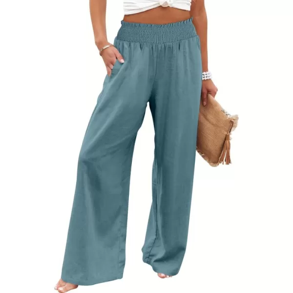 Caracilia Womens Linen Wide Leg Lounge Pants with Pockets Casual Straight Leg High Waisted Flowy Palazzo Pants Loose Trousers