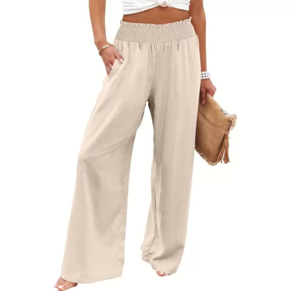 Caracilia Womens Linen Wide Leg Lounge Pants with Pockets Casual Straight Leg High Waisted Flowy Palazzo Pants Loose Trousers