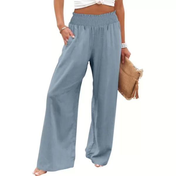 Caracilia Womens Linen Wide Leg Lounge Pants with Pockets Casual Straight Leg High Waisted Flowy Palazzo Pants Loose Trousers