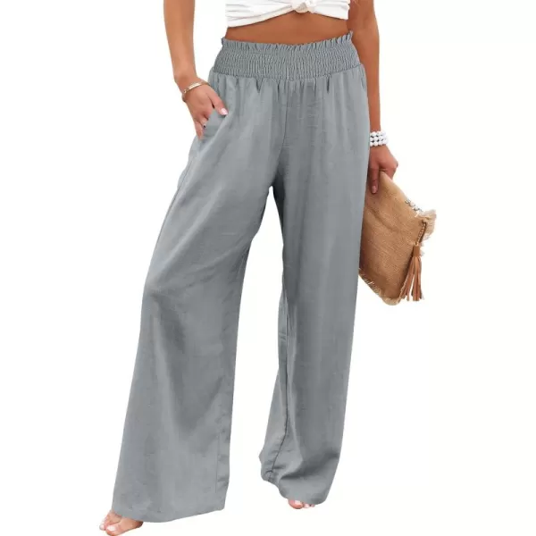 Caracilia Womens Linen Wide Leg Lounge Pants with Pockets Casual Straight Leg High Waisted Flowy Palazzo Pants Loose Trousers