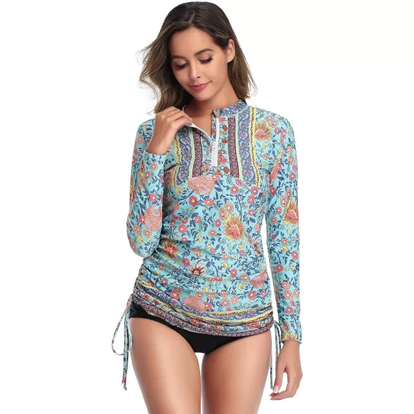Caracilia Women's Long Sleeve Half-Zip Sun Protection Rashguard Side Adjustable Swim Shirt