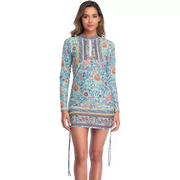 Caracilia Women's Long Sleeve Half-Zip Sun Protection Rashguard Side Adjustable Swim Shirt