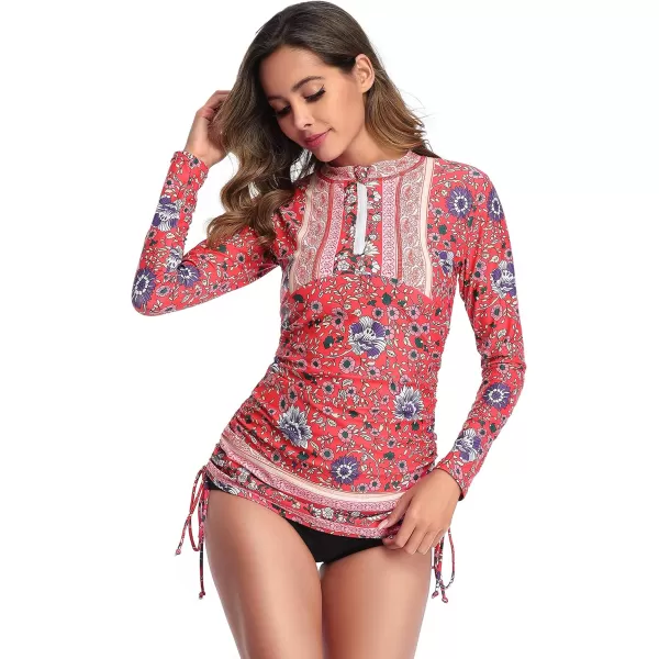 Caracilia Women's Long Sleeve Half-Zip Sun Protection Rashguard Side Adjustable Swim Shirt