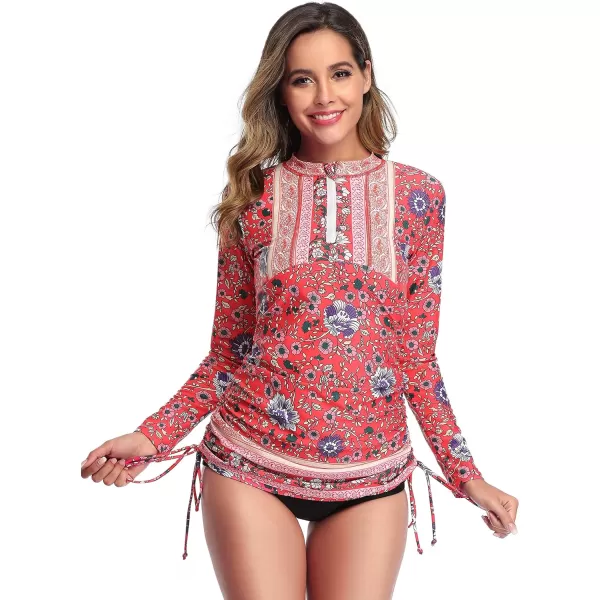 Caracilia Women's Long Sleeve Half-Zip Sun Protection Rashguard Side Adjustable Swim Shirt