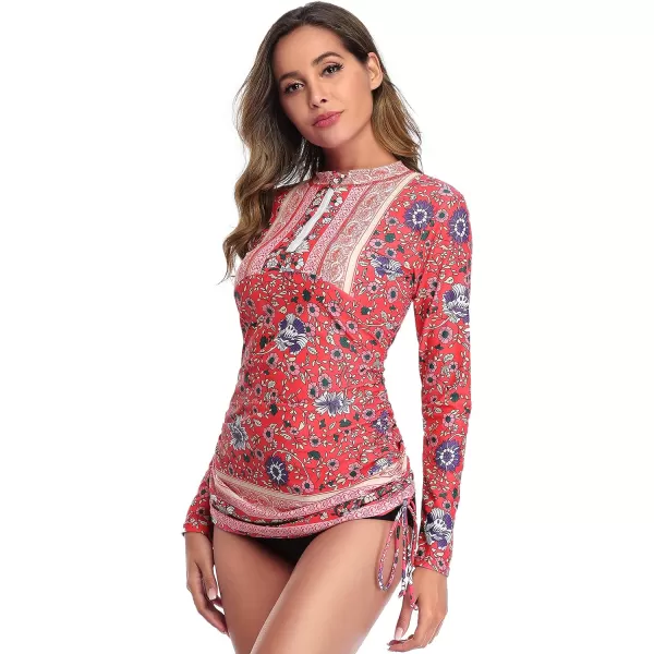 Caracilia Women's Long Sleeve Half-Zip Sun Protection Rashguard Side Adjustable Swim Shirt