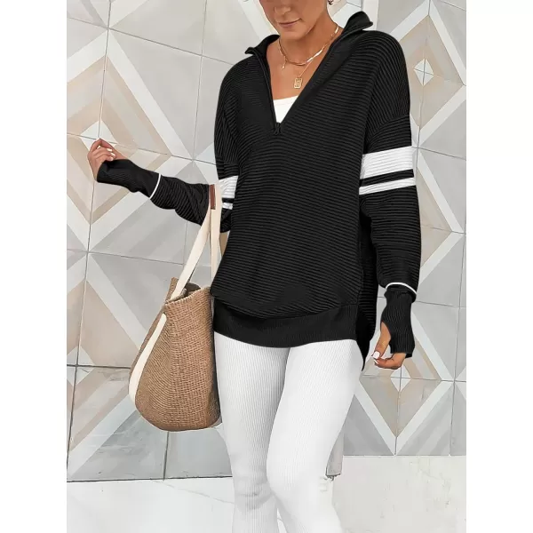 Caracilia Women's Long Sleeve Half Zip V Neck Collared Casual Curved Hem Sweatshirt Pullover Sweater with Thumb Hole