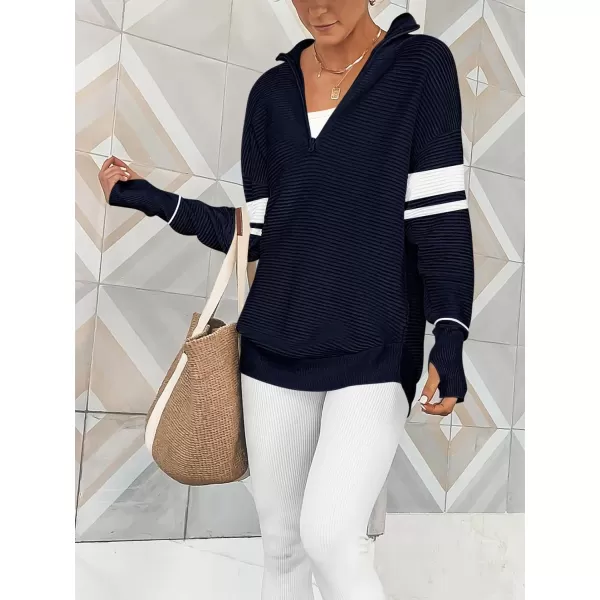 Caracilia Women's Long Sleeve Half Zip V Neck Collared Casual Curved Hem Sweatshirt Pullover Sweater with Thumb Hole