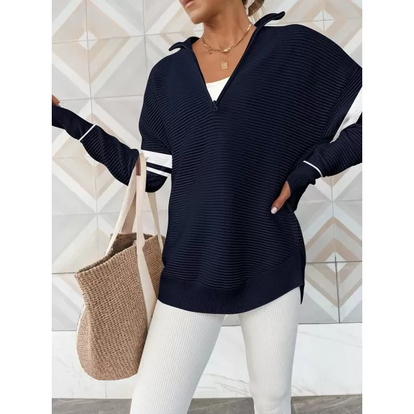 Caracilia Women's Long Sleeve Half Zip V Neck Collared Casual Curved Hem Sweatshirt Pullover Sweater with Thumb Hole