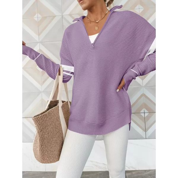 Caracilia Women's Long Sleeve Half Zip V Neck Collared Casual Curved Hem Sweatshirt Pullover Sweater with Thumb Hole